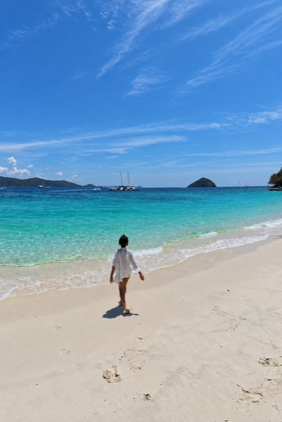 A person walking along a beach beside clear turquoise water