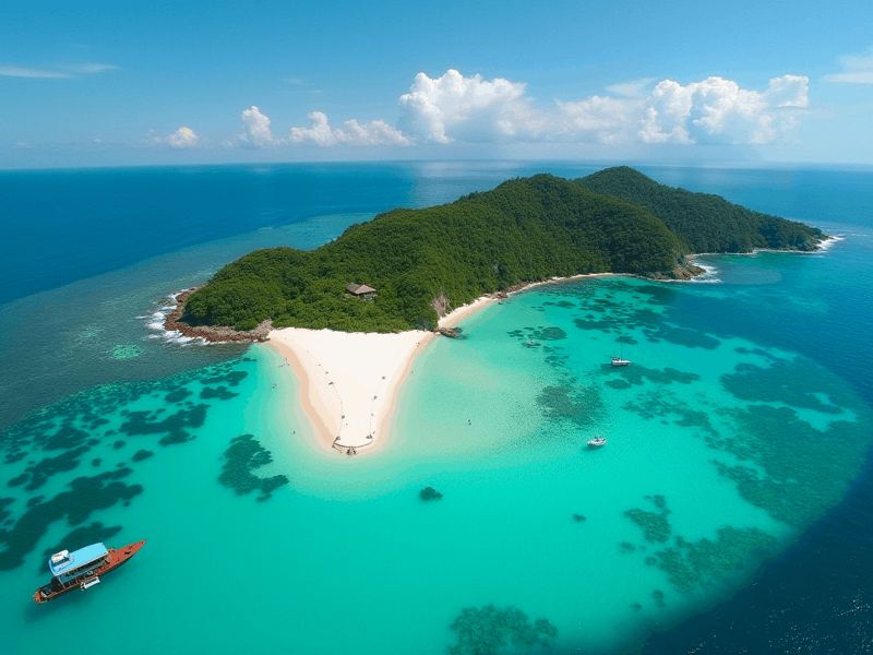 Aerial view of a green island headland and white-sand beach ringed by turquoise water at Racha Noi