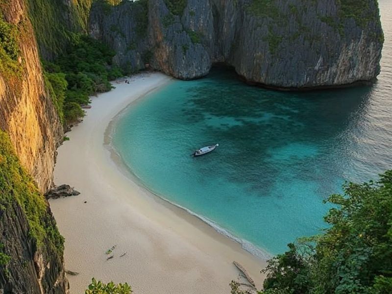 A boat in a sheltered bay below tall limestone cliffs