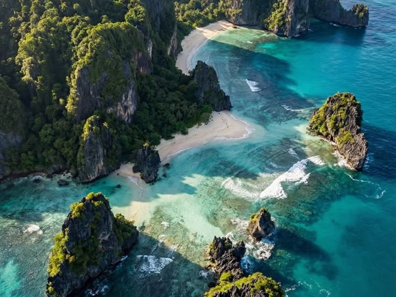 Aerial view of a rugged coastline with hidden white-sand beaches and reef off Koh Lanta