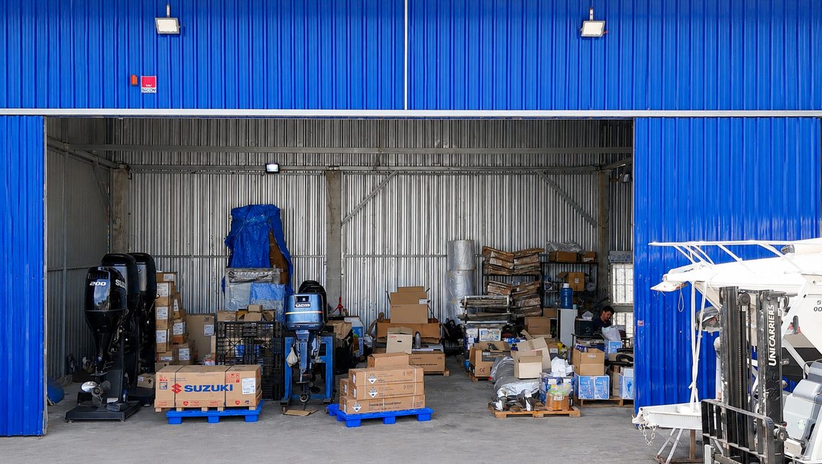 Outboard engines and parts in the marine group's storage area